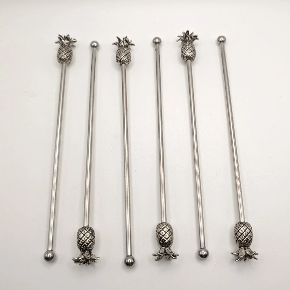 Pineapple Cocktail Stirrers Silver Tone Tiki Metal Swizzle Sticks Set of 6